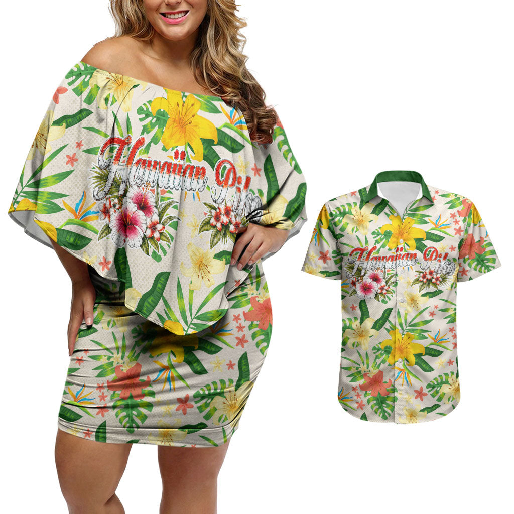 Hawaiian Piko Threads Of Paradise Aloha Couples Matching Off Shoulder Short Dress and Hawaiian Shirt Tropical Hibiscus Plumeria TS04 White Green - Polynesian Pride