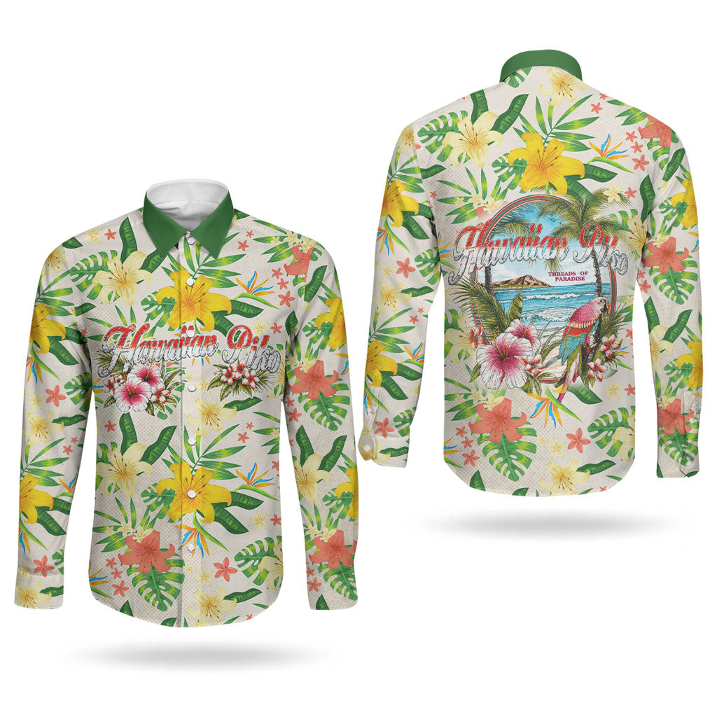 Hawaiian Piko Threads Of Paradise Aloha Couples Matching Off Shoulder Short Dress and Long Sleeve Button Shirt Tropical Hibiscus Plumeria