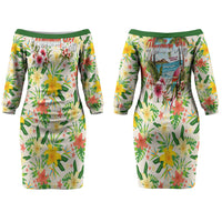 Hawaiian Piko Threads Of Paradise Aloha Couples Matching Off The Shoulder Long Sleeve Dress and Hawaiian Shirt Tropical Hibiscus Plumeria