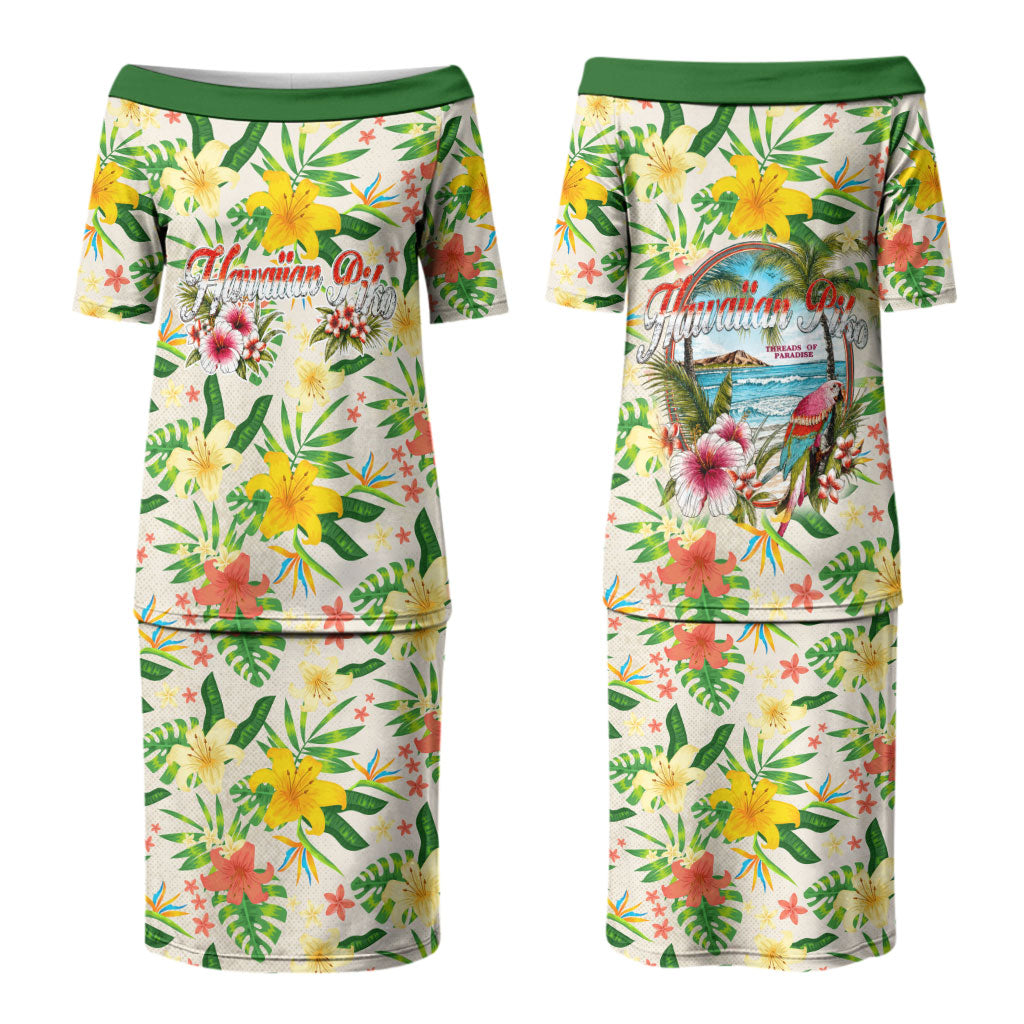 Hawaiian Piko Threads Of Paradise Aloha Couples Matching Puletasi and Long Sleeve Button Shirt Tropical Hibiscus Plumeria