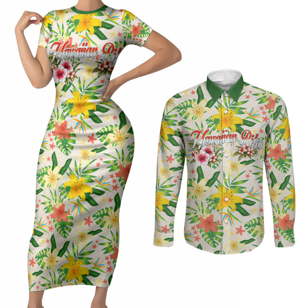 Hawaiian Piko Threads Of Paradise Aloha Couples Matching Short Sleeve Bodycon Dress and Long Sleeve Button Shirt Tropical Hibiscus Plumeria