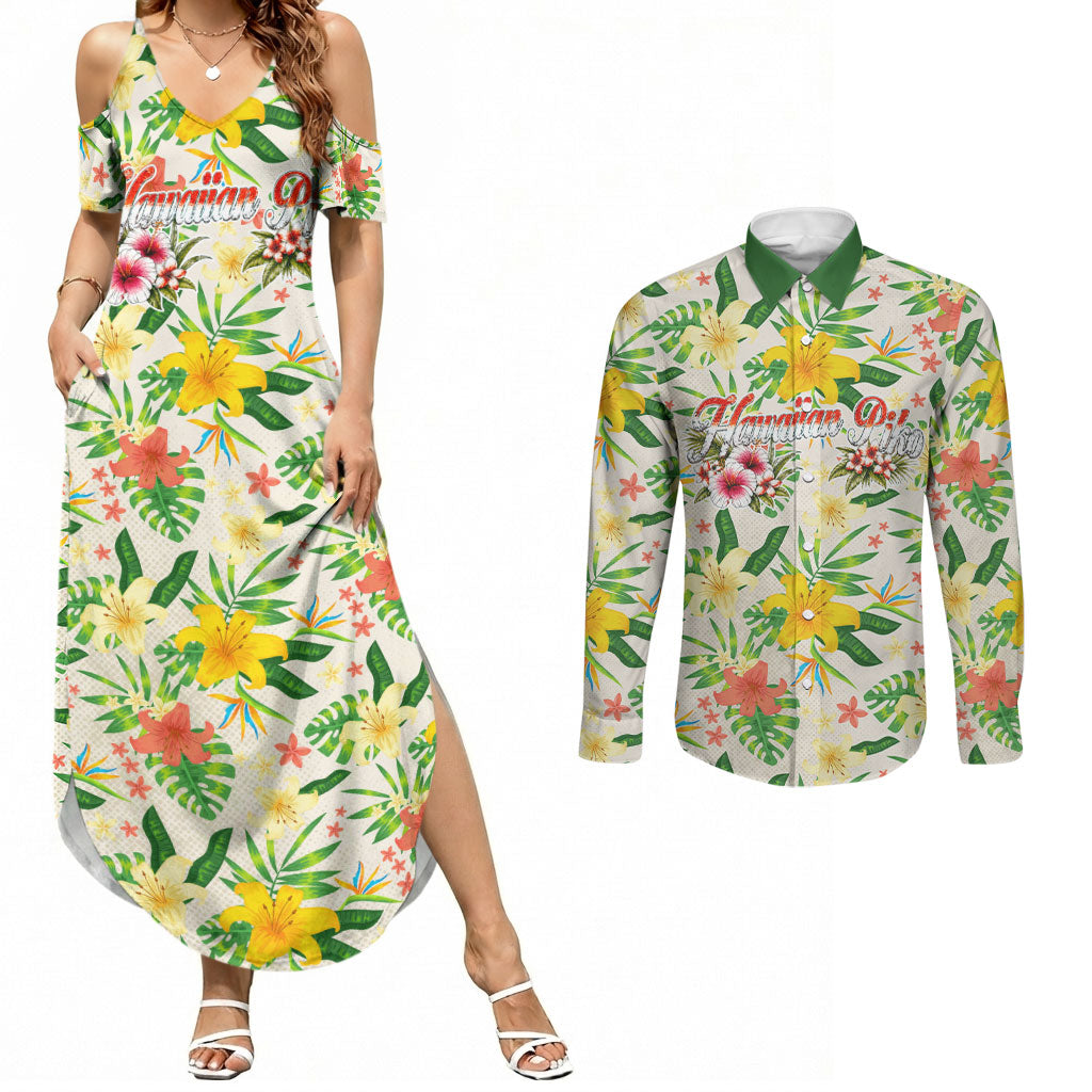 Hawaiian Piko Threads Of Paradise Aloha Couples Matching Summer Maxi Dress and Long Sleeve Button Shirt Tropical Hibiscus Plumeria