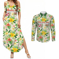 Hawaiian Piko Threads Of Paradise Aloha Couples Matching Summer Maxi Dress and Long Sleeve Button Shirt Tropical Hibiscus Plumeria