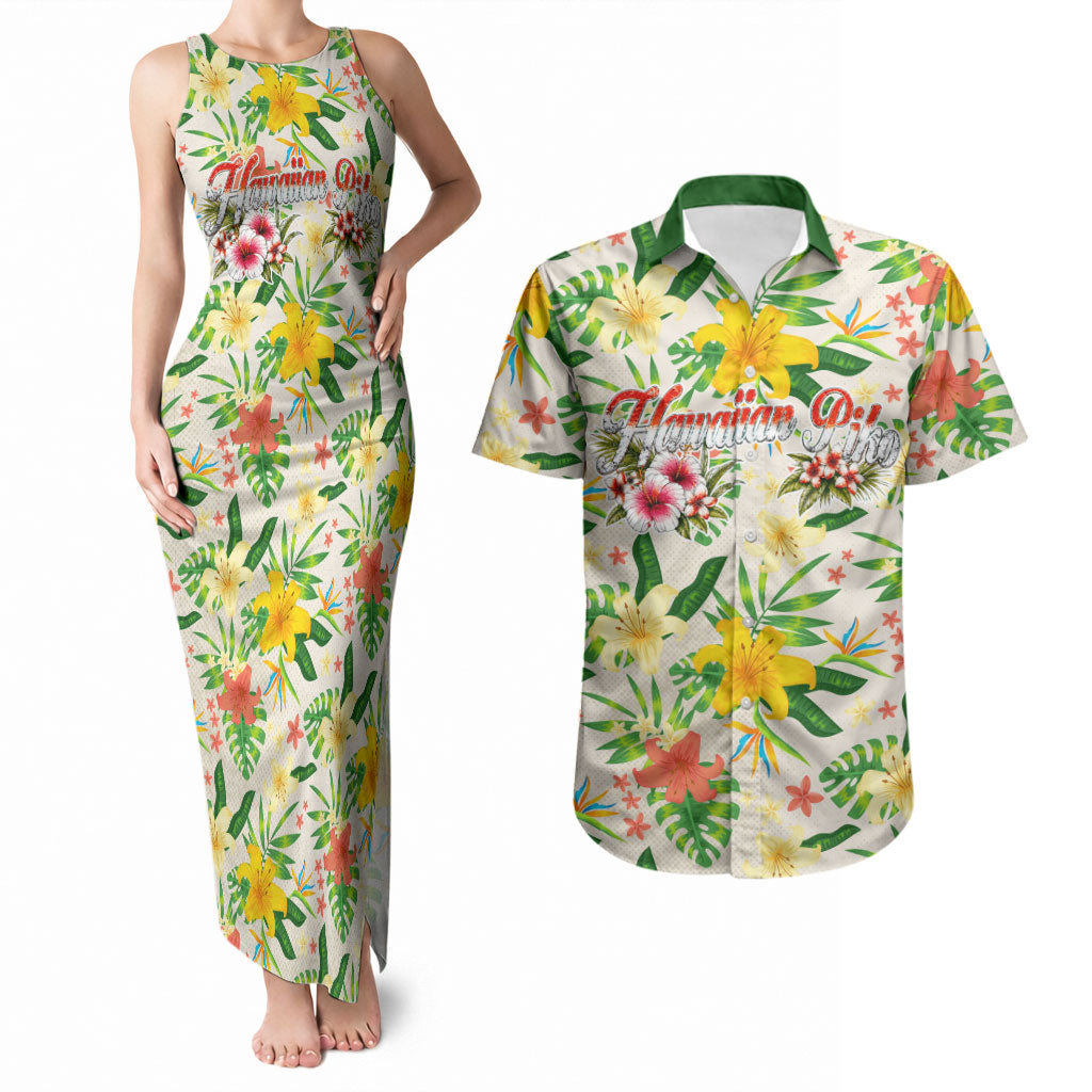 Hawaiian Piko Threads Of Paradise Aloha Couples Matching Tank Maxi Dress and Hawaiian Shirt Tropical Hibiscus Plumeria TS04 White Green - Polynesian Pride
