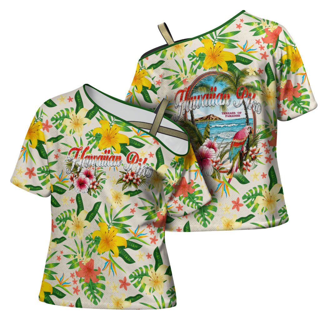 Hawaiian Piko Threads Of Paradise Aloha Cross Shoulder Shirt Tropical Hibiscus Plumeria