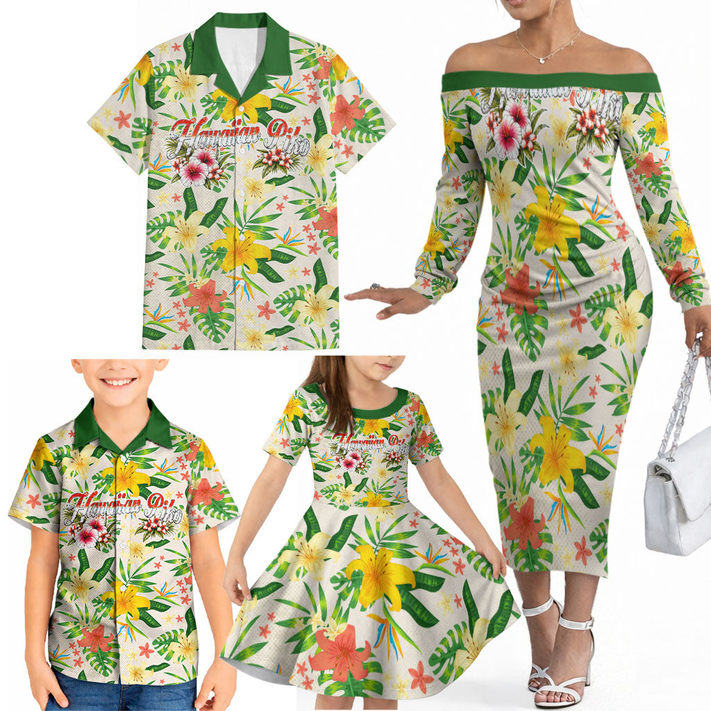 Hawaiian Piko Threads Of Paradise Aloha Family Matching Off The Shoulder Long Sleeve Dress and Hawaiian Shirt Tropical Hibiscus Plumeria