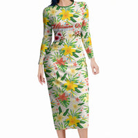 Hawaiian Piko Threads Of Paradise Aloha Long Sleeve Bodycon Dress Tropical Hibiscus Plumeria