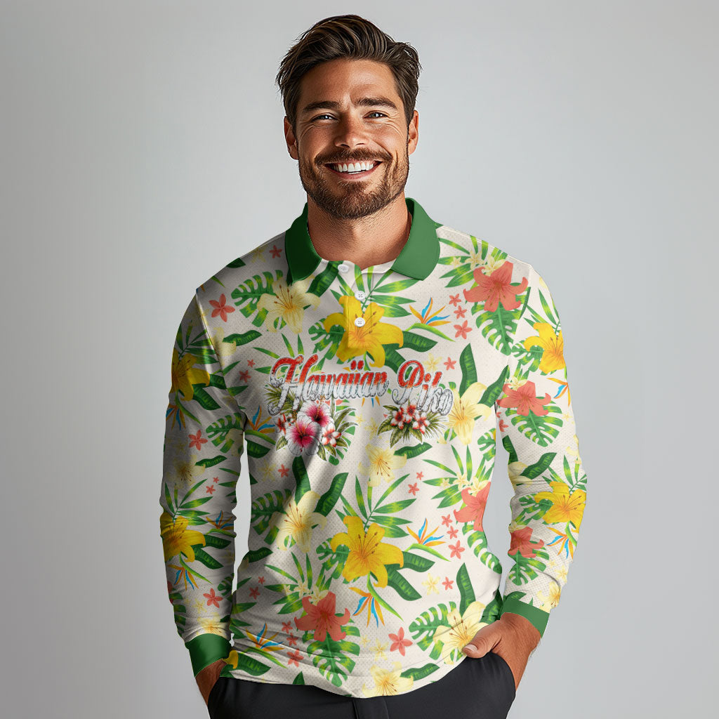 Hawaiian Piko Threads Of Paradise Aloha Long Sleeve Polo Shirt Tropical Hibiscus Plumeria
