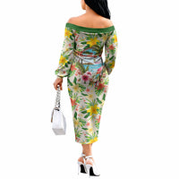 Hawaiian Piko Threads Of Paradise Aloha Off The Shoulder Long Sleeve Dress Tropical Hibiscus Plumeria