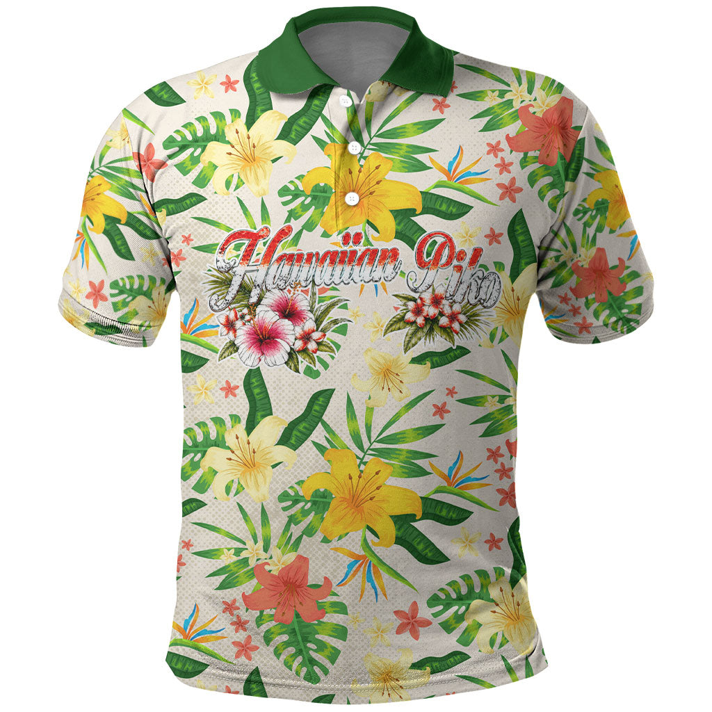 Hawaiian Piko Threads Of Paradise Aloha Polo Shirt Tropical Hibiscus Plumeria TS04 White Green - Polynesian Pride