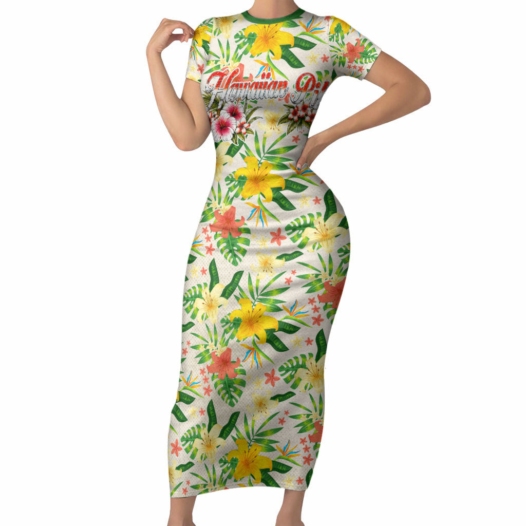Hawaiian Piko Threads Of Paradise Aloha Short Sleeve Bodycon Dress Tropical Hibiscus Plumeria