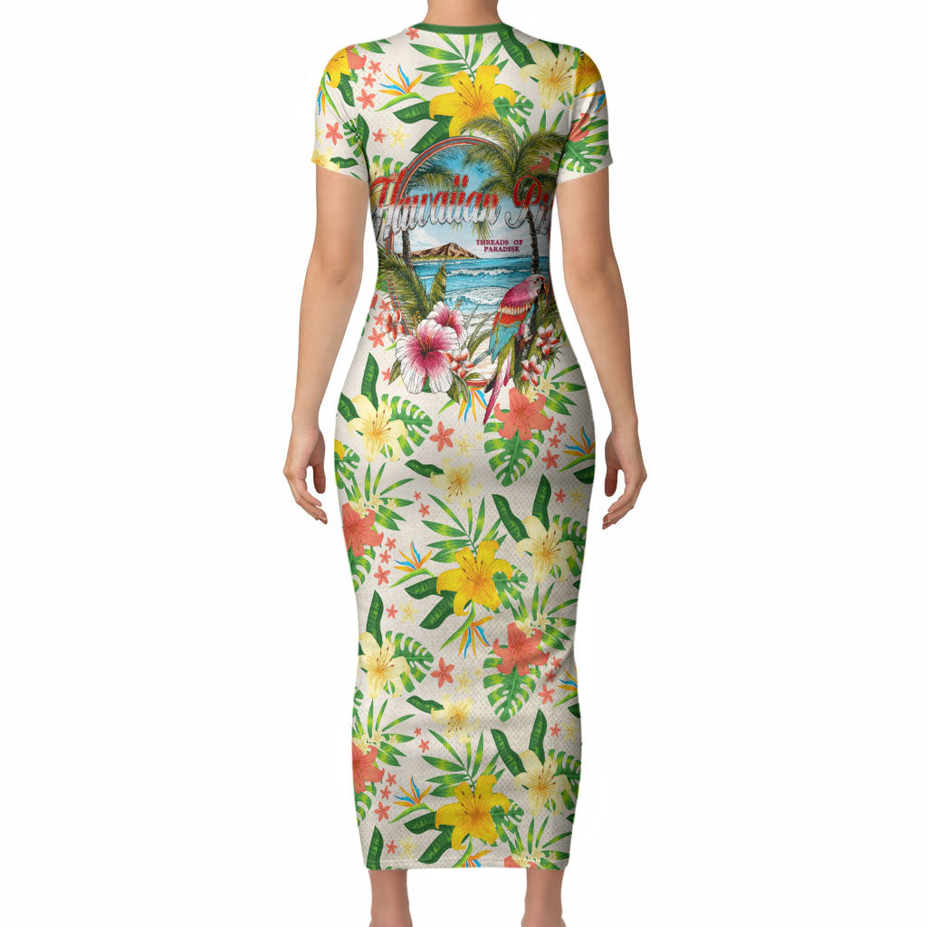 Hawaiian Piko Threads Of Paradise Aloha Short Sleeve Bodycon Dress Tropical Hibiscus Plumeria