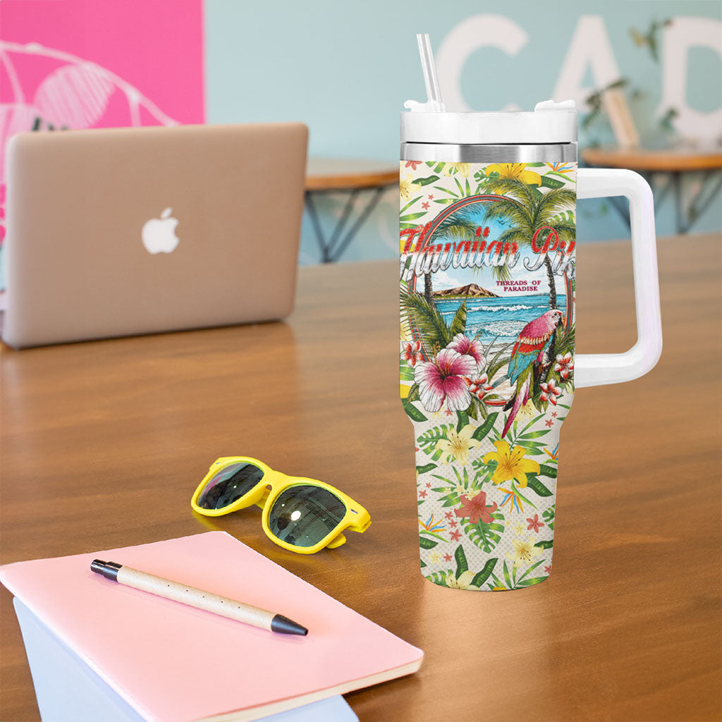 Hawaiian Piko Threads Of Paradise Aloha Tumbler With Handle Tropical Hibiscus Plumeria