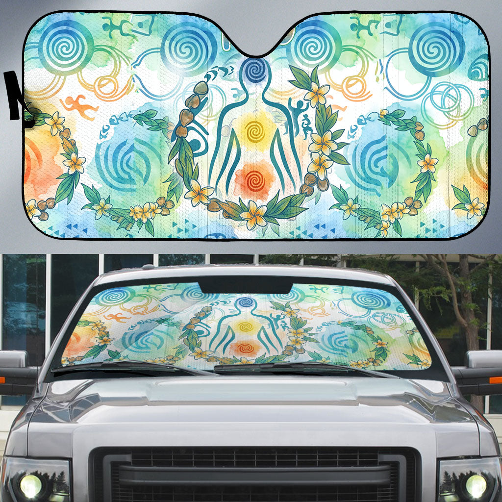 Hawaiian Piko Cultural Pride Aloha Auto Sun Shade Watercolor Spiral Art - Tropical Plumeria Lei Garland