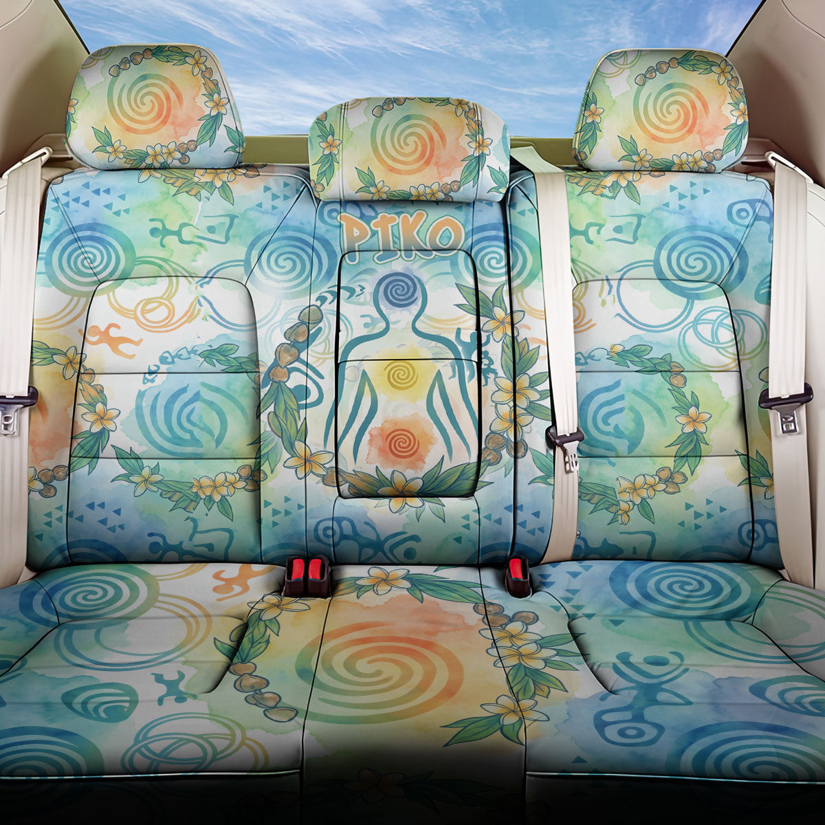 Hawaiian Piko Cultural Pride Aloha Back Car Seat Cover Watercolor Spiral Art - Tropical Plumeria Lei Garland