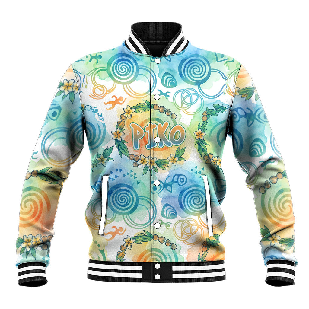 Hawaiian Piko Cultural Pride Aloha Baseball Jacket Watercolor Spiral Art - Tropical Plumeria Lei Garland