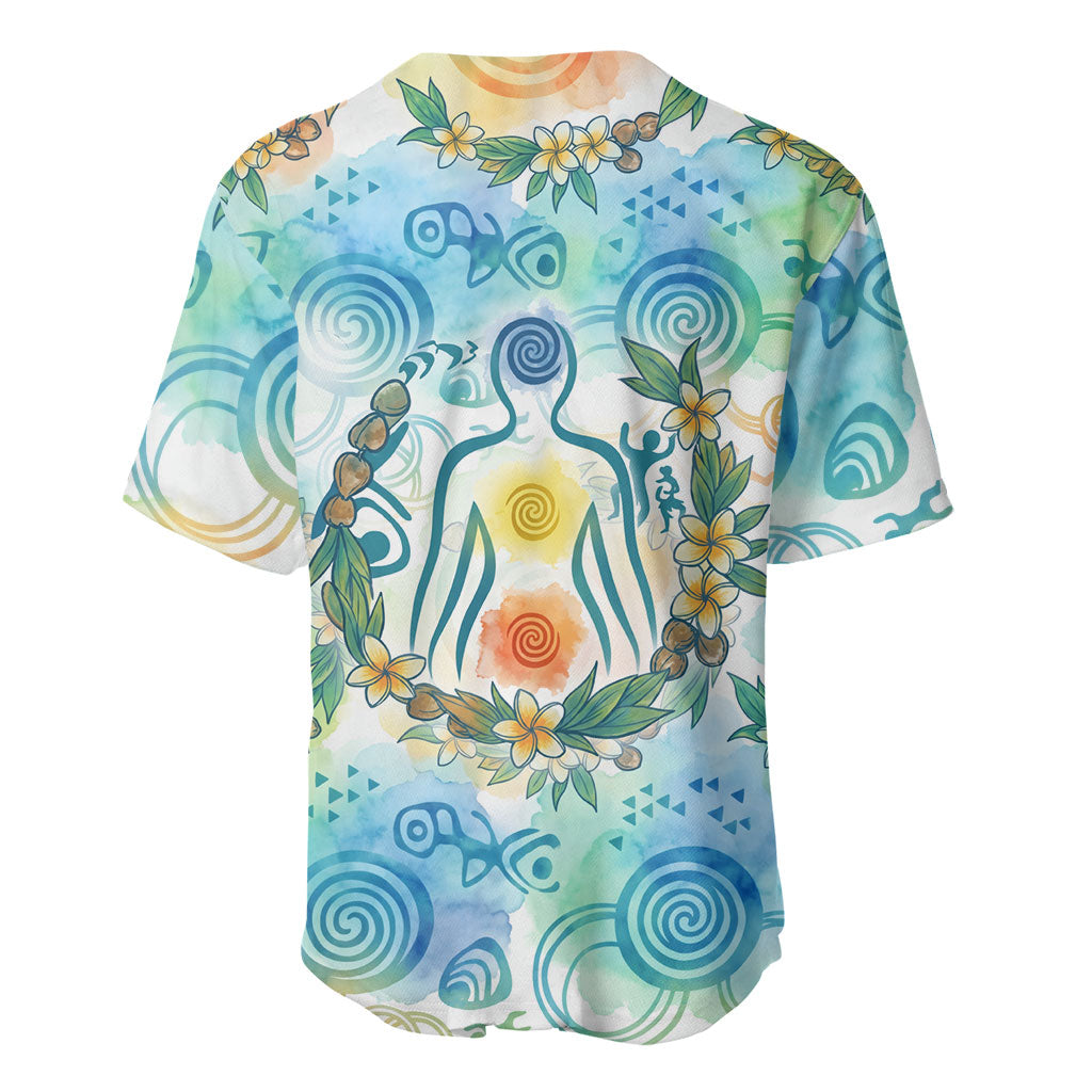 Hawaiian Piko Cultural Pride Aloha Baseball Jersey Watercolor Spiral Art - Tropical Plumeria Lei Garland