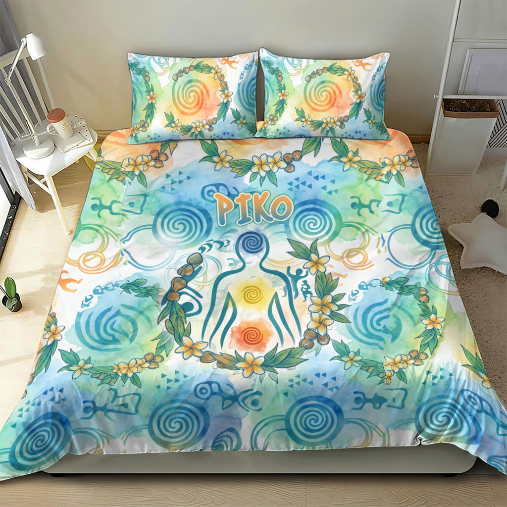 Hawaiian Piko Cultural Pride Aloha Bedding Set Watercolor Spiral Art - Tropical Plumeria Lei Garland
