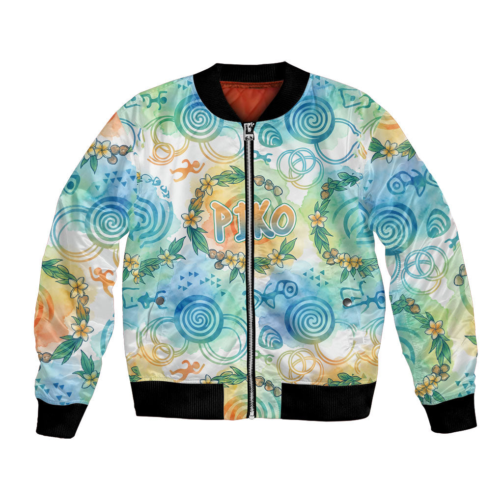 Hawaiian Piko Cultural Pride Aloha Bomber Jacket Watercolor Spiral Art - Tropical Plumeria Lei Garland