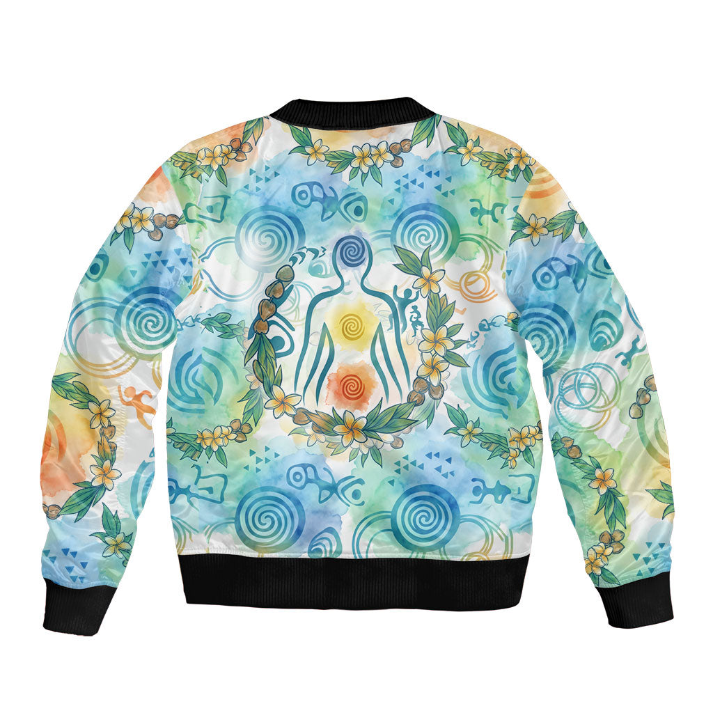 Hawaiian Piko Cultural Pride Aloha Bomber Jacket Watercolor Spiral Art - Tropical Plumeria Lei Garland