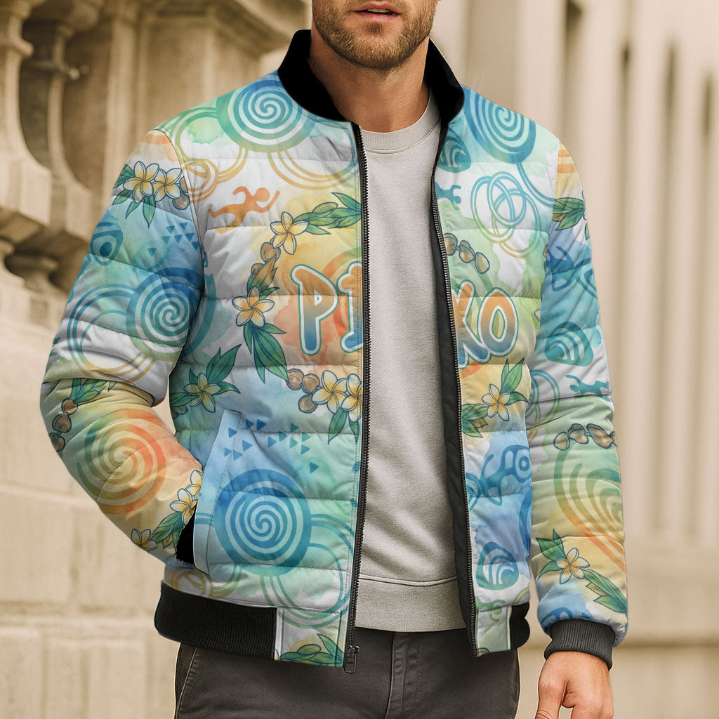 Hawaiian Piko Cultural Pride Aloha Bomber Puffer Jacket Watercolor Spiral Art - Tropical Plumeria Lei Garland