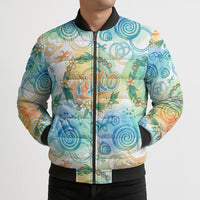 Hawaiian Piko Cultural Pride Aloha Bomber Puffer Jacket Watercolor Spiral Art - Tropical Plumeria Lei Garland