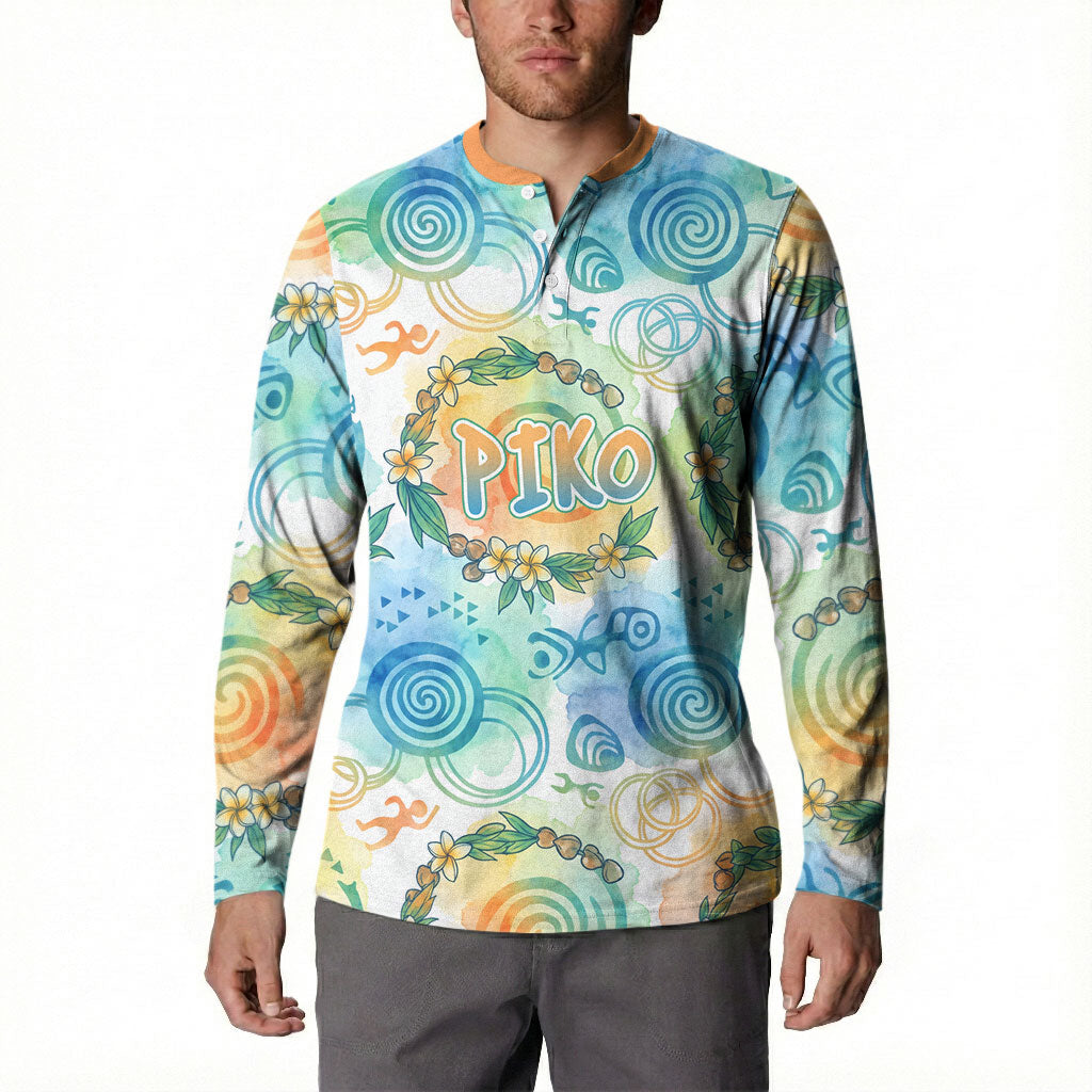 Hawaiian Piko Cultural Pride Aloha Button Sweatshirt Watercolor Spiral Art - Tropical Plumeria Lei Garland