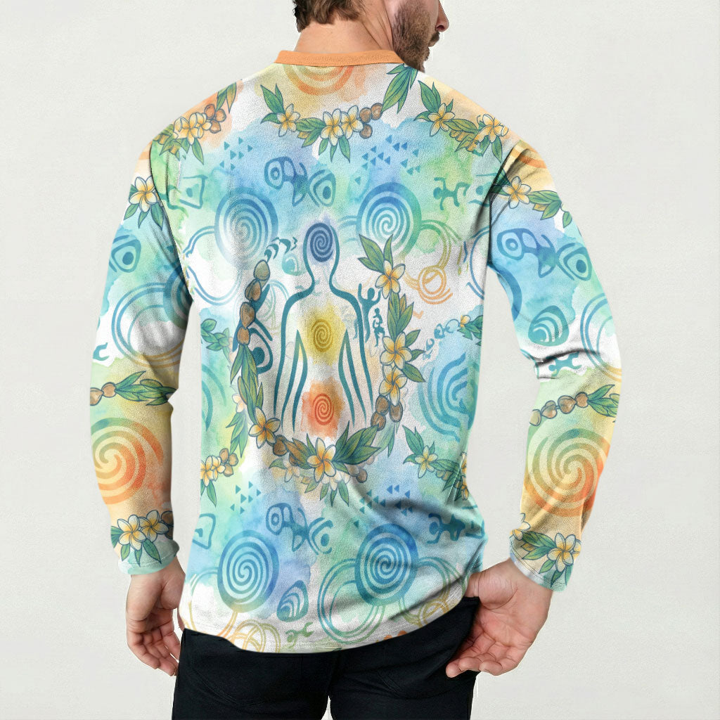 Hawaiian Piko Cultural Pride Aloha Button Sweatshirt Watercolor Spiral Art - Tropical Plumeria Lei Garland