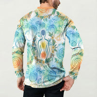 Hawaiian Piko Cultural Pride Aloha Button Sweatshirt Watercolor Spiral Art - Tropical Plumeria Lei Garland