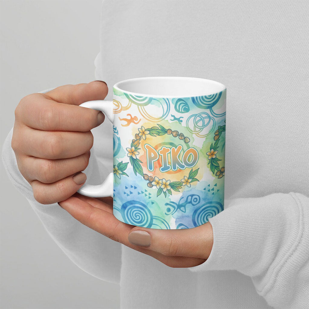 Hawaiian Piko Cultural Pride Aloha Ceramic Mug Watercolor Spiral Art - Tropical Plumeria Lei Garland