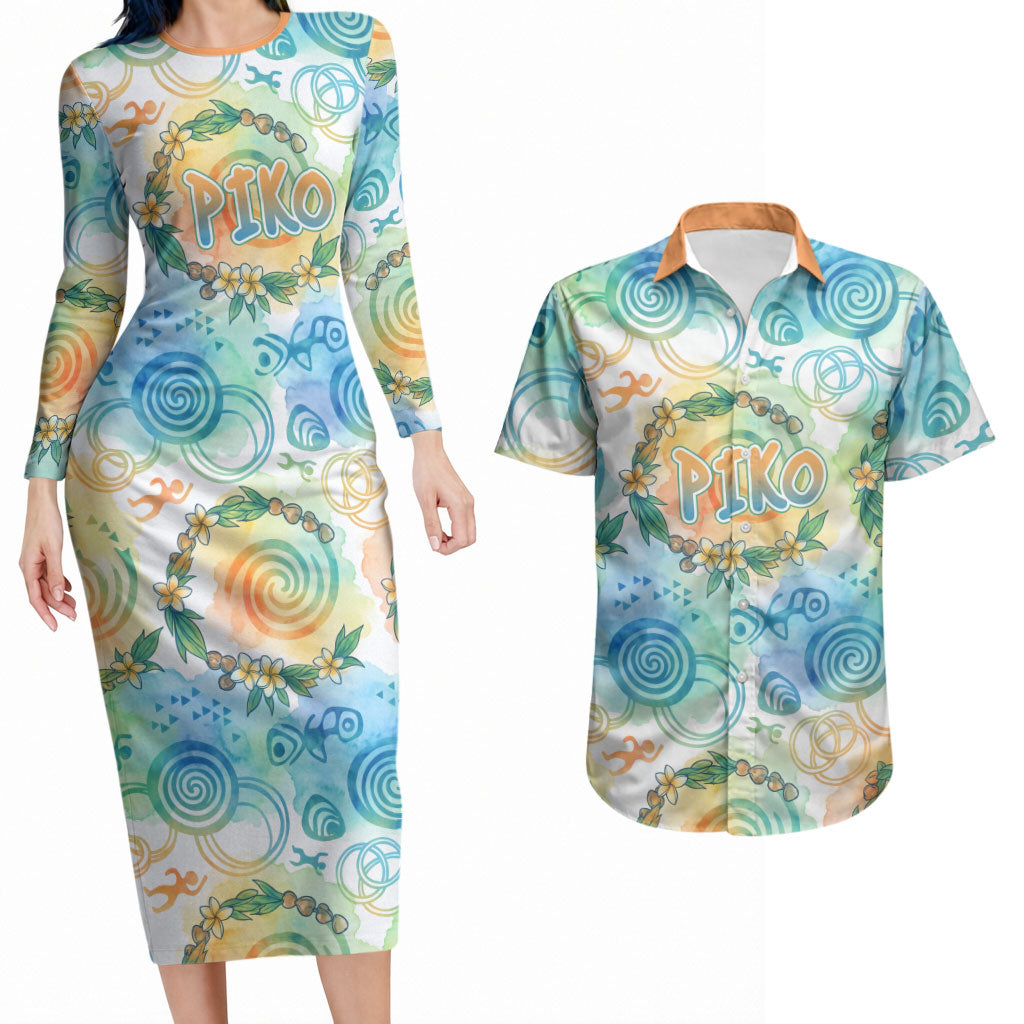 Hawaiian Piko Cultural Pride Aloha Couples Matching Long Sleeve Bodycon Dress and Hawaiian Shirt Watercolor Spiral Art - Tropical Plumeria Lei Garland