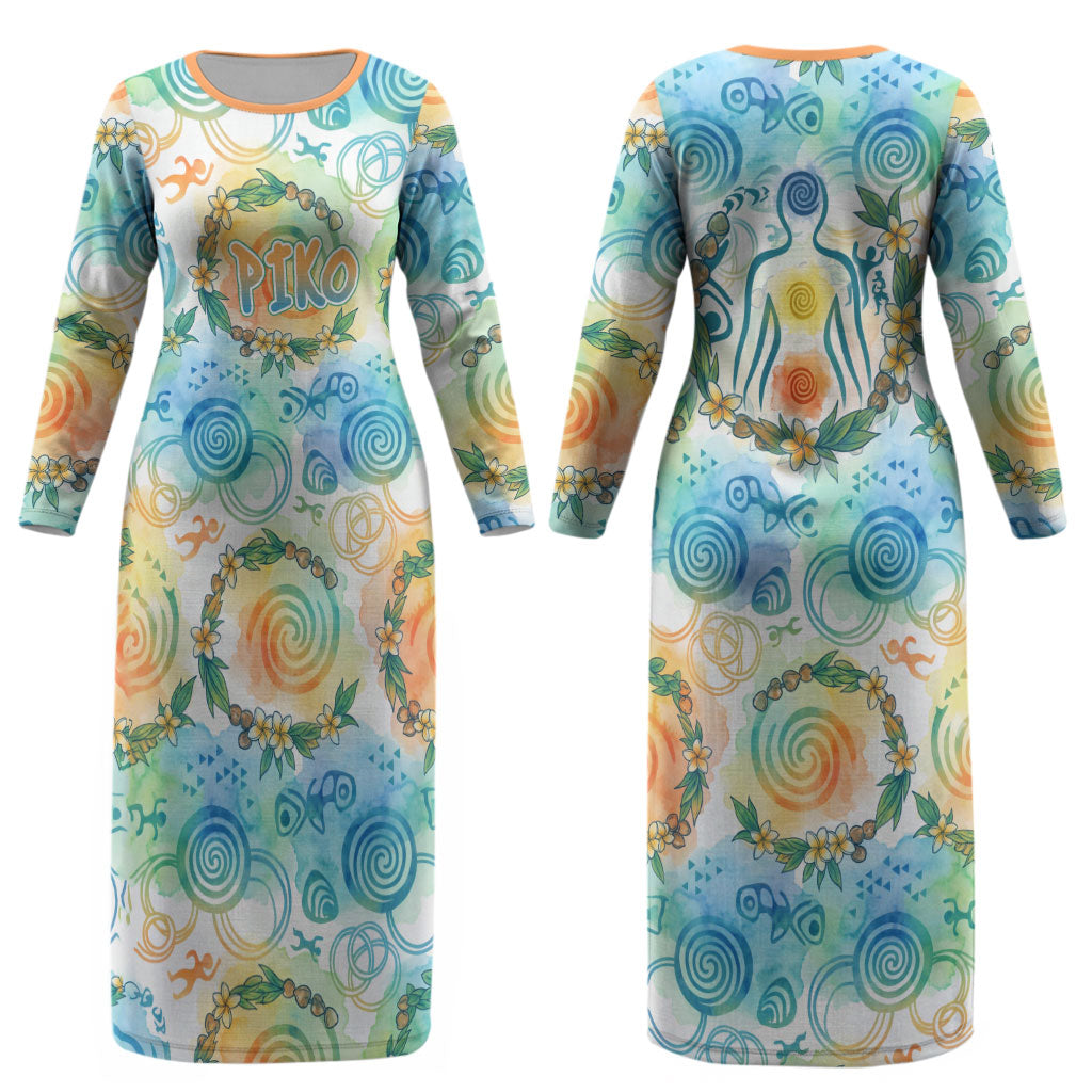 Hawaiian Piko Cultural Pride Aloha Couples Matching Long Sleeve Bodycon Dress and Hawaiian Shirt Watercolor Spiral Art - Tropical Plumeria Lei Garland