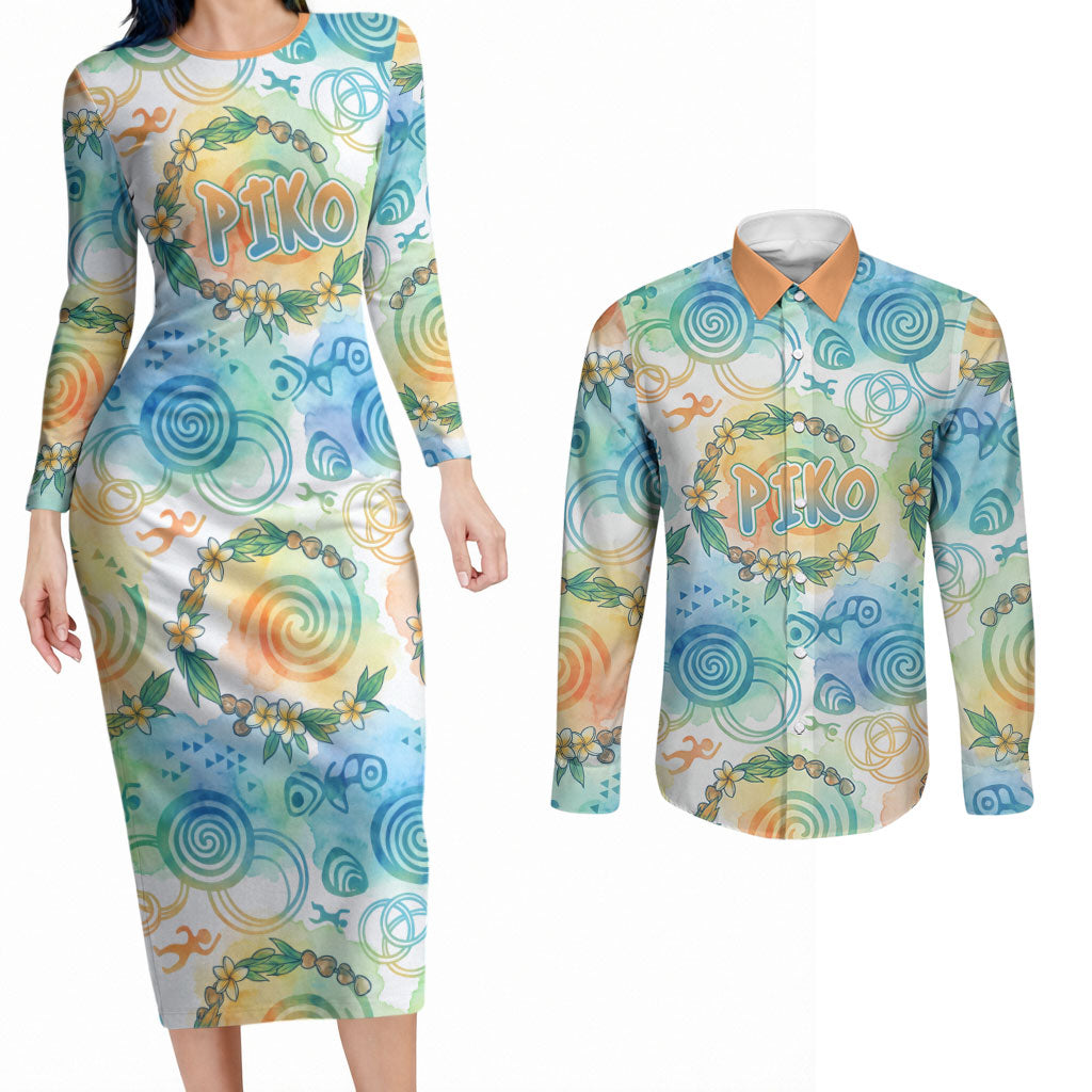 Hawaiian Piko Cultural Pride Aloha Couples Matching Long Sleeve Bodycon Dress and Long Sleeve Button Shirt Watercolor Spiral Art - Tropical Plumeria Lei Garland