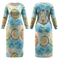Hawaiian Piko Cultural Pride Aloha Couples Matching Long Sleeve Bodycon Dress and Long Sleeve Button Shirt Watercolor Spiral Art - Tropical Plumeria Lei Garland
