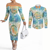 Hawaiian Piko Cultural Pride Aloha Couples Matching Off The Shoulder Long Sleeve Dress and Long Sleeve Button Shirt Watercolor Spiral Art - Tropical Plumeria Lei Garland
