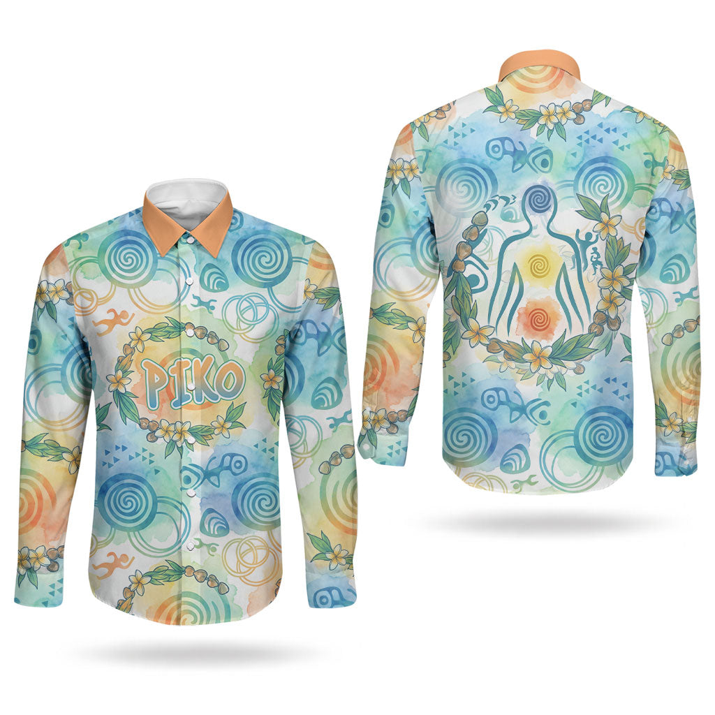 Hawaiian Piko Cultural Pride Aloha Couples Matching Off The Shoulder Long Sleeve Dress and Long Sleeve Button Shirt Watercolor Spiral Art - Tropical Plumeria Lei Garland
