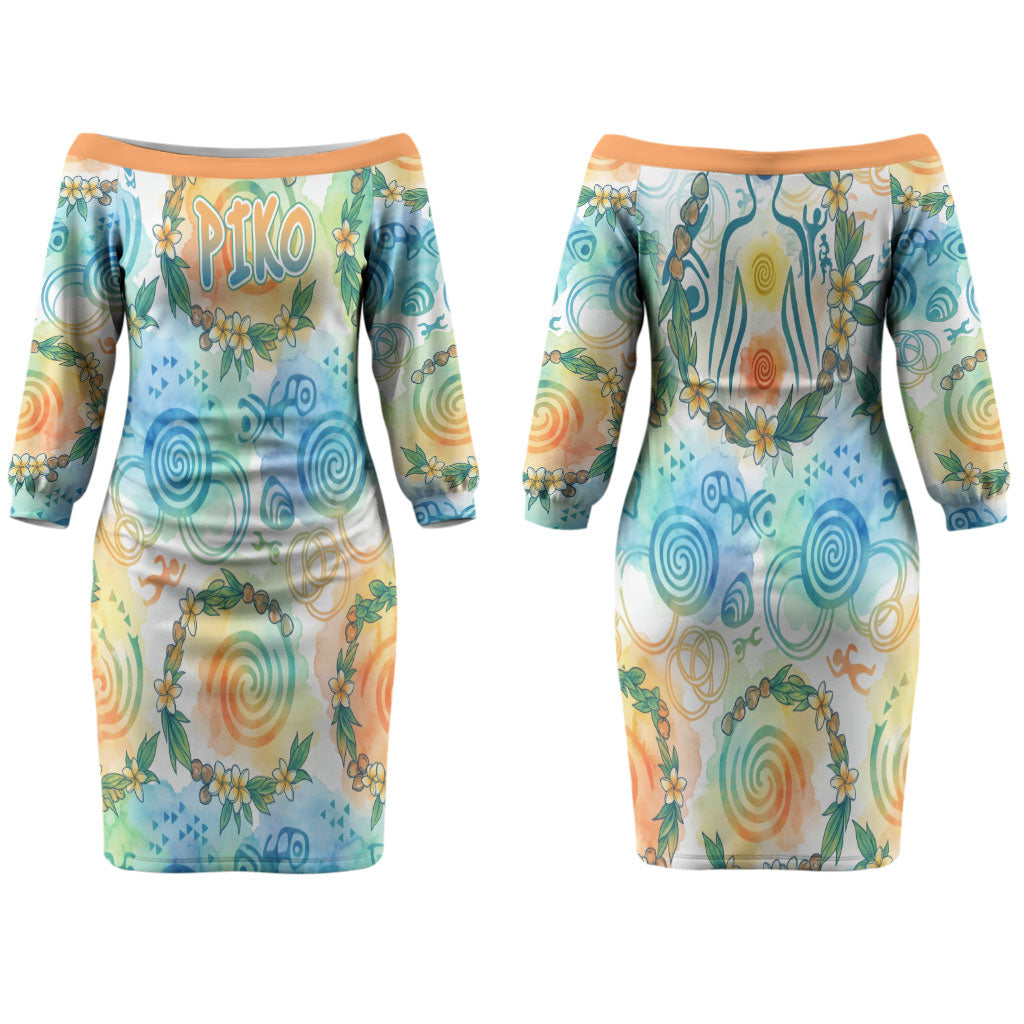 Hawaiian Piko Cultural Pride Aloha Couples Matching Off The Shoulder Long Sleeve Dress and Long Sleeve Button Shirt Watercolor Spiral Art - Tropical Plumeria Lei Garland