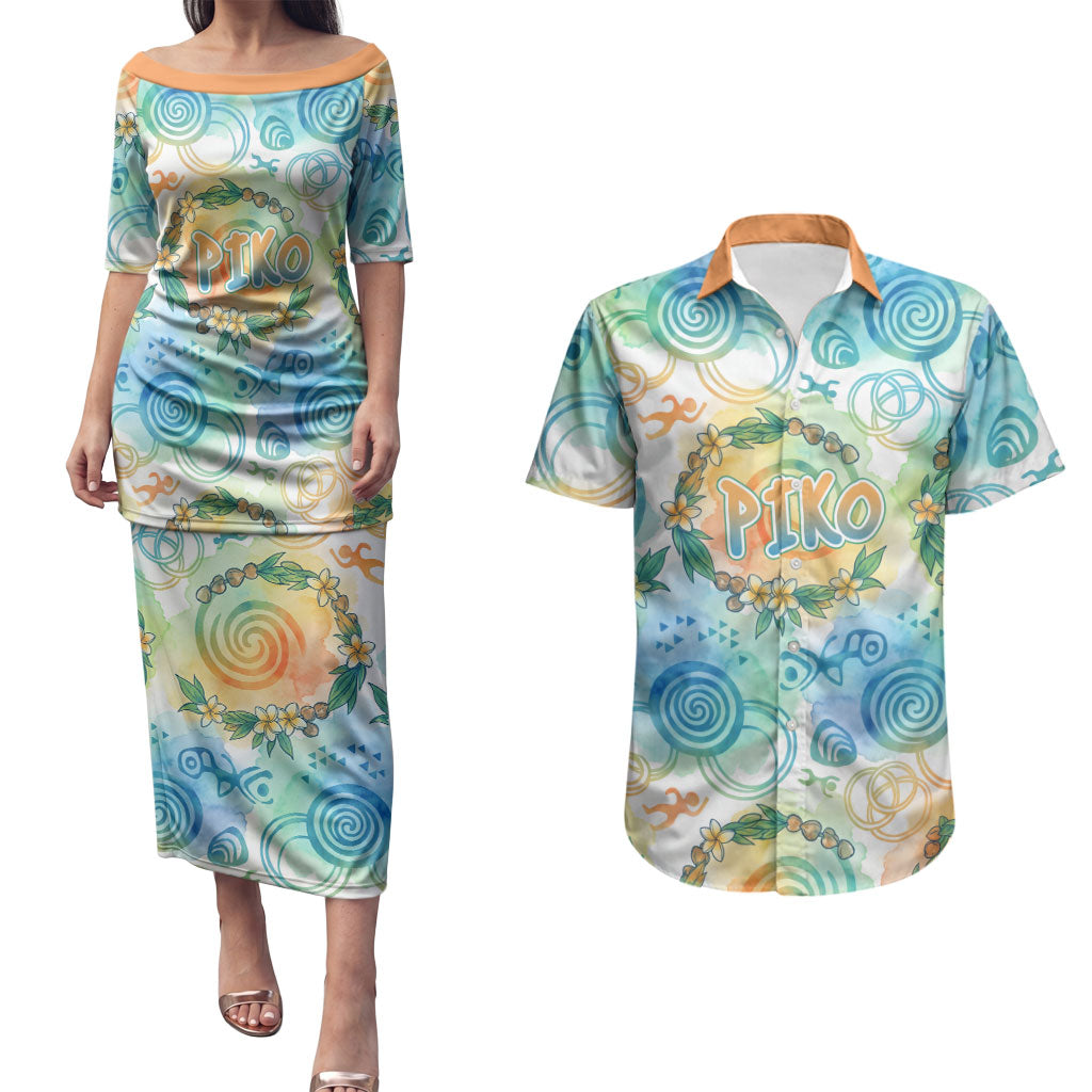 Hawaiian Piko Cultural Pride Aloha Couples Matching Puletasi and Hawaiian Shirt Watercolor Spiral Art - Tropical Plumeria Lei Garland TS04 White Blue - Polynesian Pride