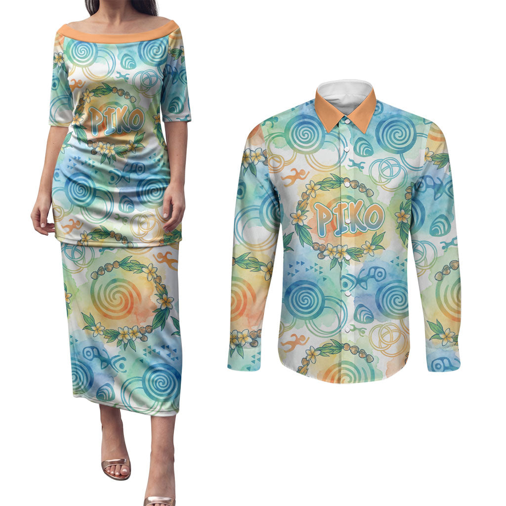 Hawaiian Piko Cultural Pride Aloha Couples Matching Puletasi and Long Sleeve Button Shirt Watercolor Spiral Art - Tropical Plumeria Lei Garland TS04 White Blue - Polynesian Pride