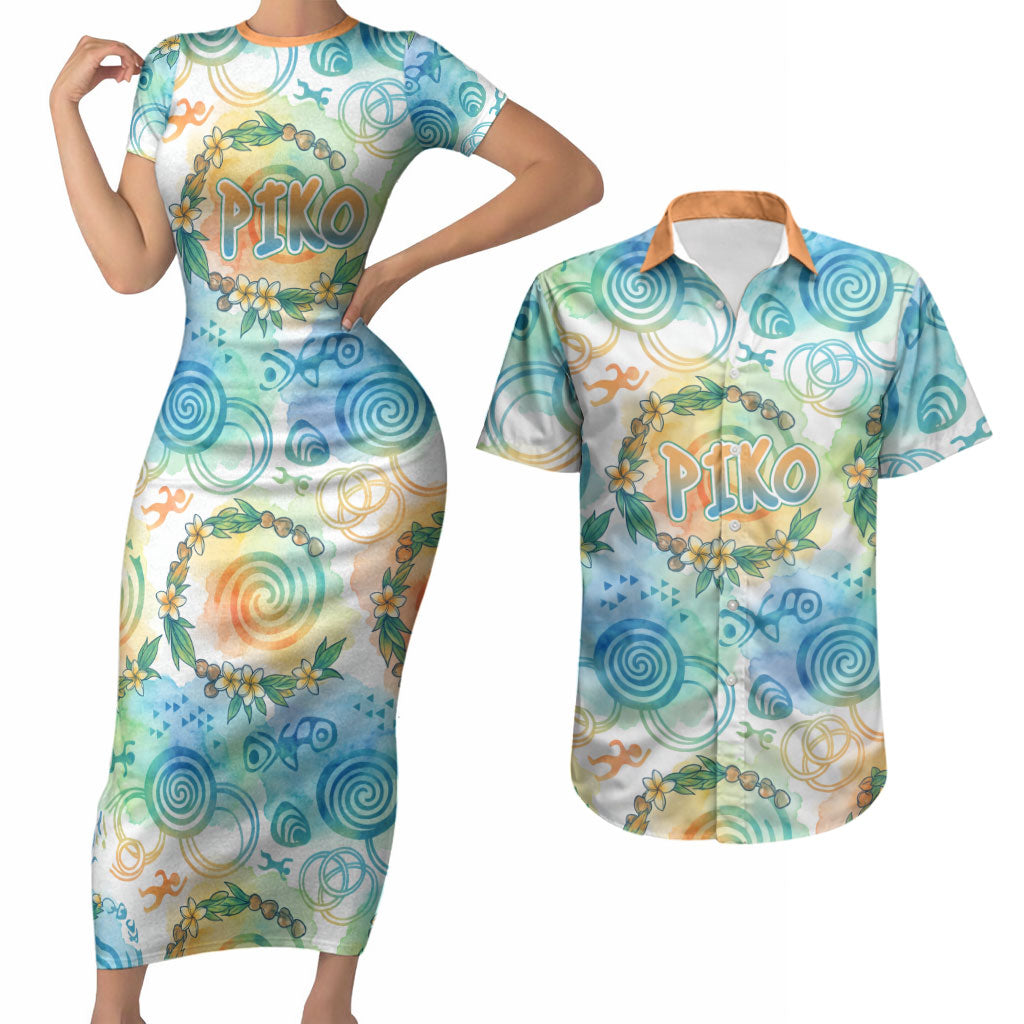 Hawaiian Piko Cultural Pride Aloha Couples Matching Short Sleeve Bodycon Dress and Hawaiian Shirt Watercolor Spiral Art - Tropical Plumeria Lei Garland TS04 White Blue - Polynesian Pride