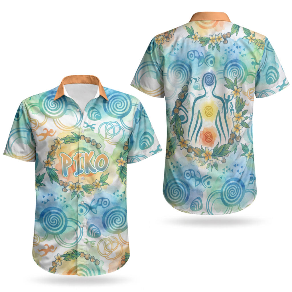 Hawaiian Piko Cultural Pride Aloha Couples Matching Short Sleeve Bodycon Dress and Hawaiian Shirt Watercolor Spiral Art - Tropical Plumeria Lei Garland