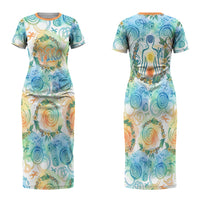 Hawaiian Piko Cultural Pride Aloha Couples Matching Short Sleeve Bodycon Dress and Long Sleeve Button Shirt Watercolor Spiral Art - Tropical Plumeria Lei Garland