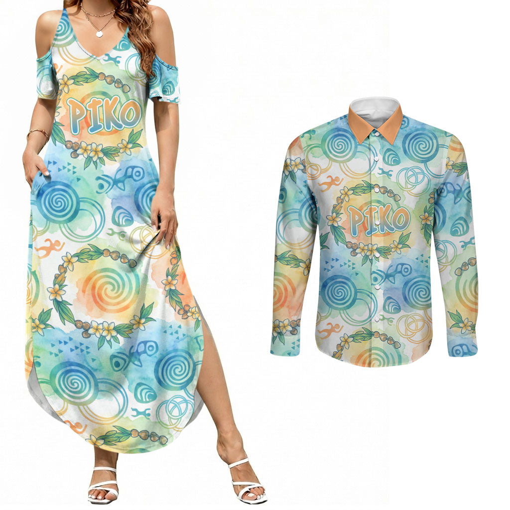 Hawaiian Piko Cultural Pride Aloha Couples Matching Summer Maxi Dress and Long Sleeve Button Shirt Watercolor Spiral Art - Tropical Plumeria Lei Garland TS04 White Blue - Polynesian Pride