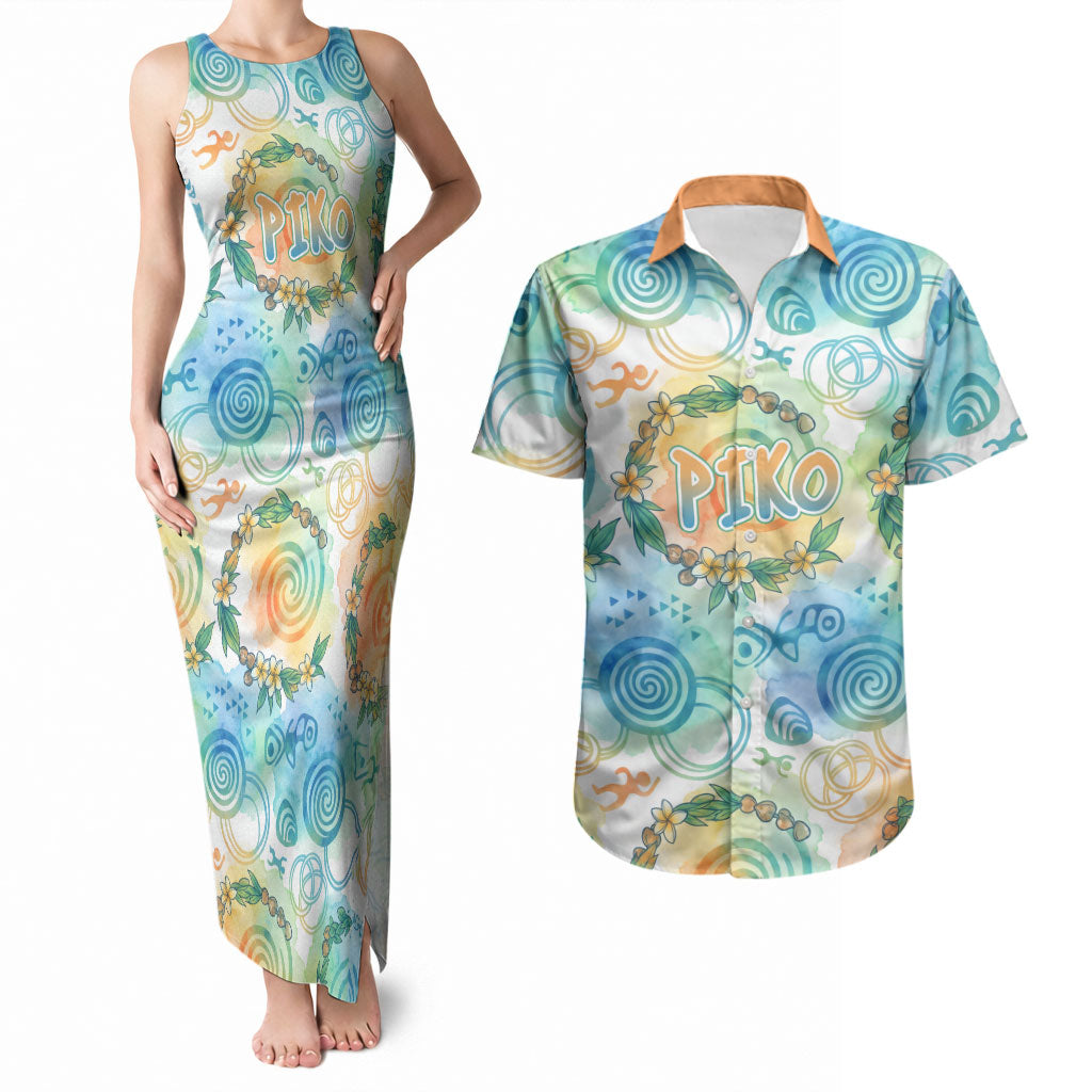 Hawaiian Piko Cultural Pride Aloha Couples Matching Tank Maxi Dress and Hawaiian Shirt Watercolor Spiral Art - Tropical Plumeria Lei Garland TS04 White Blue - Polynesian Pride