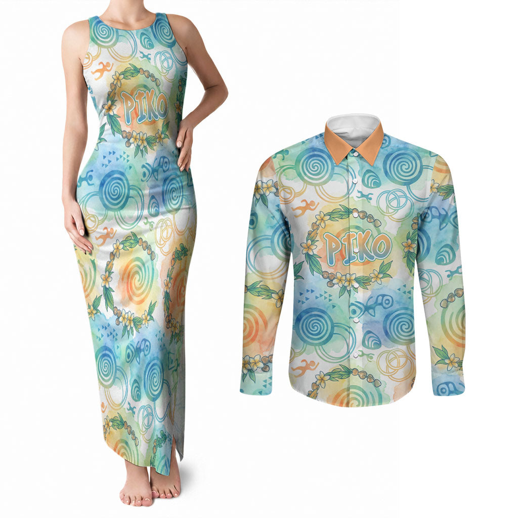 Hawaiian Piko Cultural Pride Aloha Couples Matching Tank Maxi Dress and Long Sleeve Button Shirt Watercolor Spiral Art - Tropical Plumeria Lei Garland