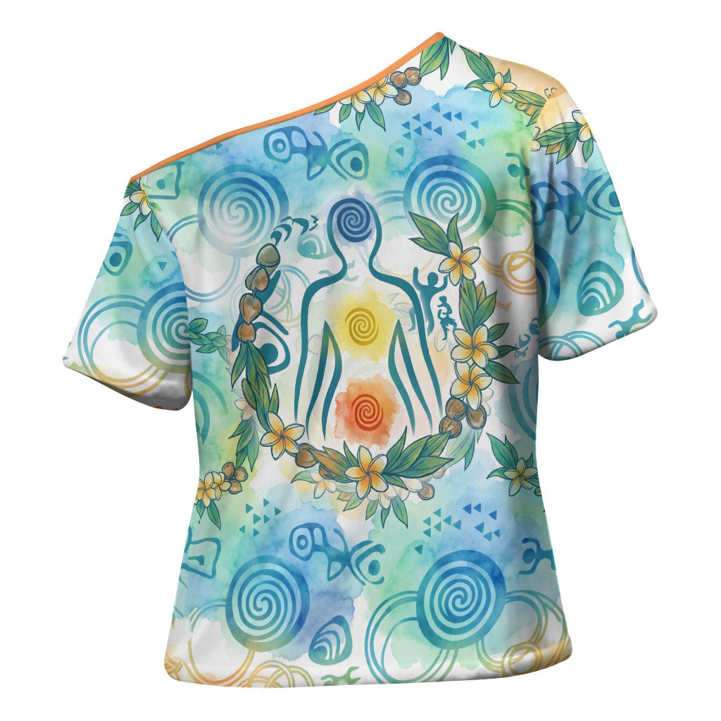 Hawaiian Piko Cultural Pride Aloha Cross Shoulder Shirt Watercolor Spiral Art - Tropical Plumeria Lei Garland