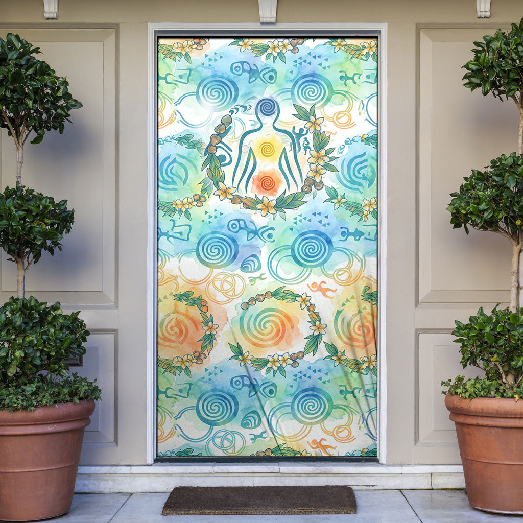 Hawaiian Piko Cultural Pride Aloha Door Cover Watercolor Spiral Art - Tropical Plumeria Lei Garland