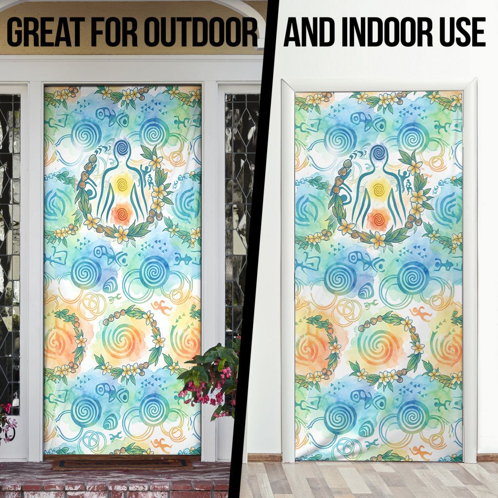 Hawaiian Piko Cultural Pride Aloha Door Cover Watercolor Spiral Art - Tropical Plumeria Lei Garland