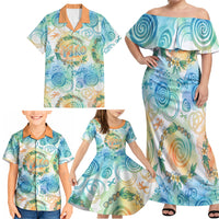 Hawaiian Piko Cultural Pride Aloha Family Matching Off Shoulder Maxi Dress and Hawaiian Shirt Watercolor Spiral Art - Tropical Plumeria Lei Garland