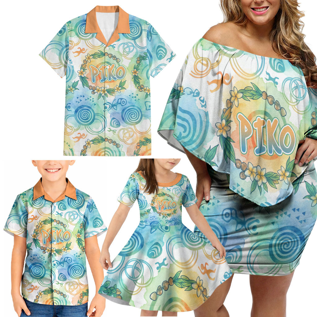 Hawaiian Piko Cultural Pride Aloha Family Matching Off Shoulder Short Dress and Hawaiian Shirt Watercolor Spiral Art - Tropical Plumeria Lei Garland TS04 - Polynesian Pride